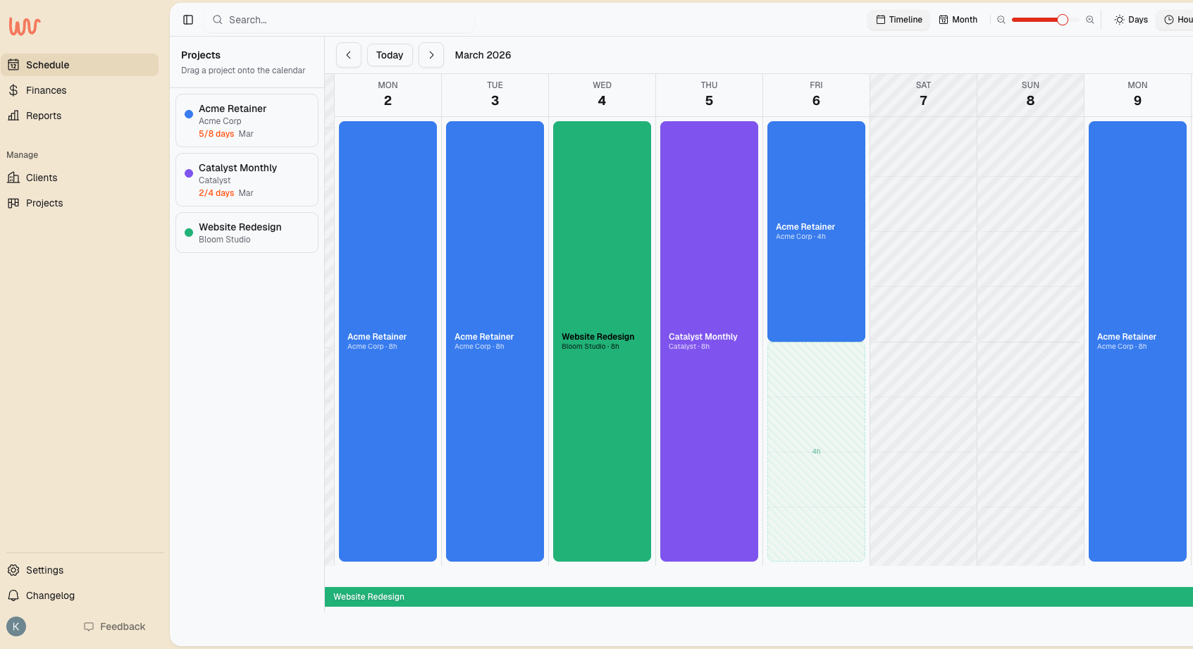 Weekly schedule view showing workload across clients