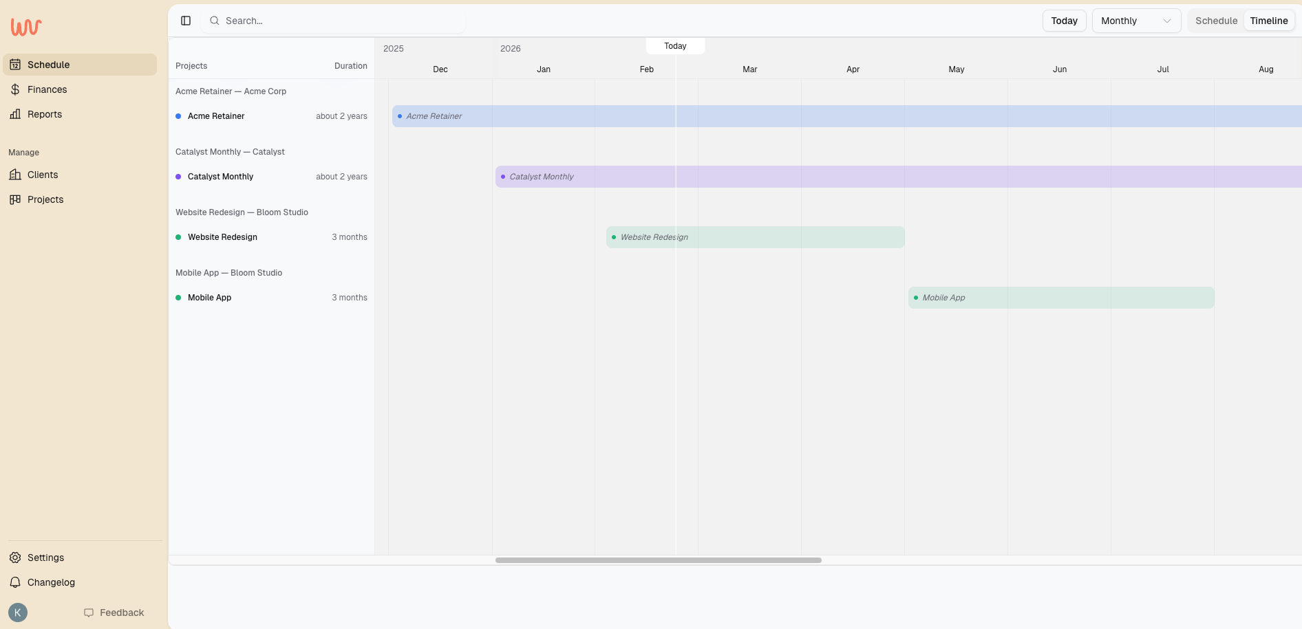 Timeline view showing project durations across months